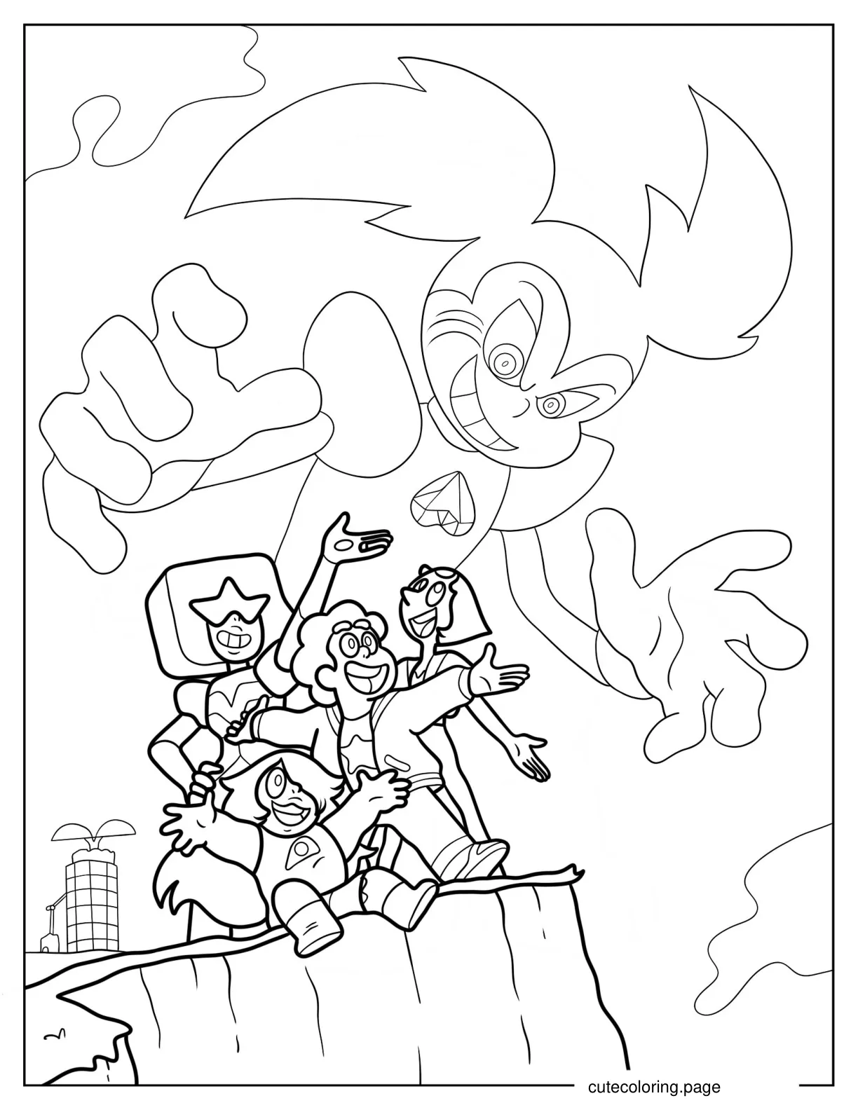 Steven Universe Garnet Amethyst And Pearl On Cliff with Spinel In The Background coloring page