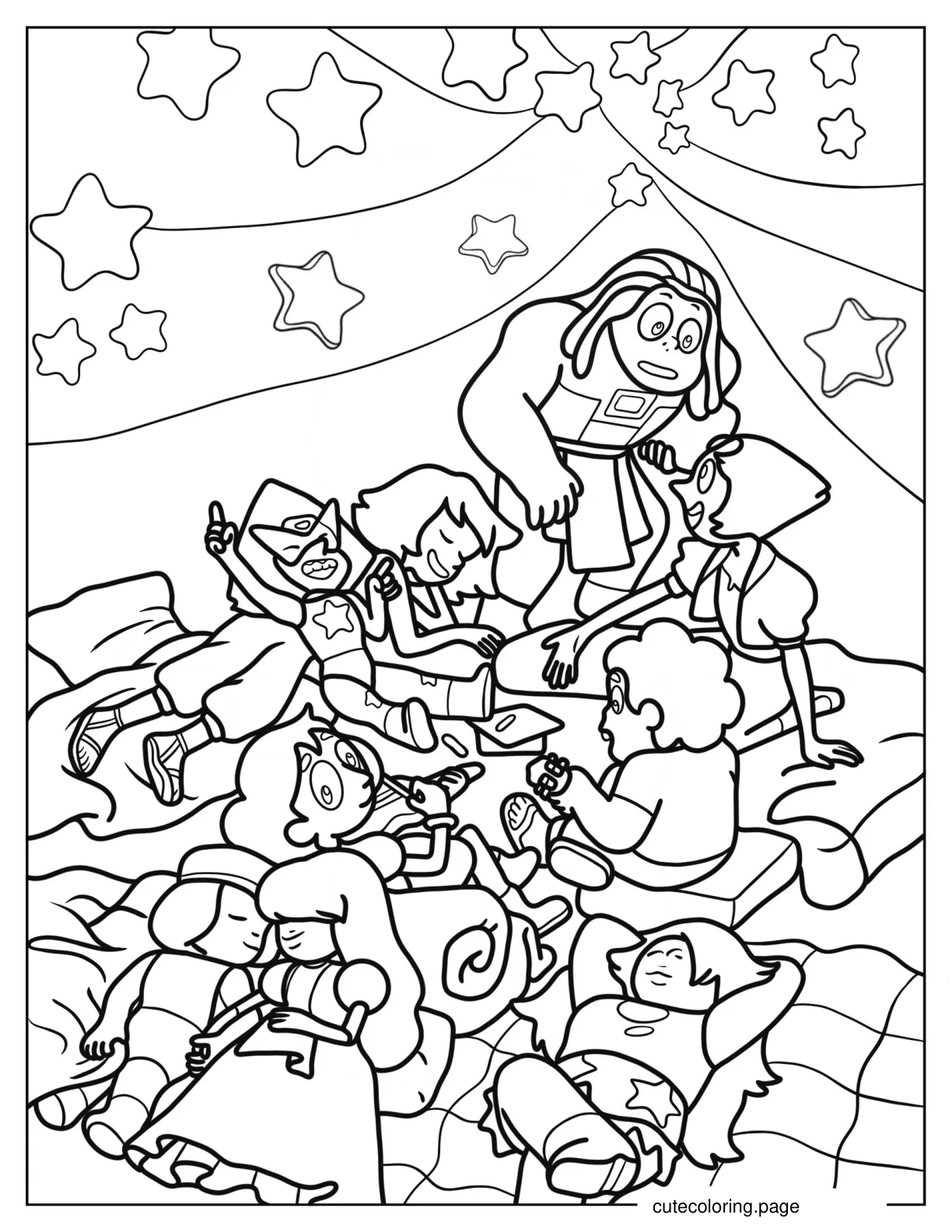 Steven Universe Glamping With Peridot Amethyst Pearl Connie Bismuth Lapis Lazuli Ruby And Sapphire coloring page