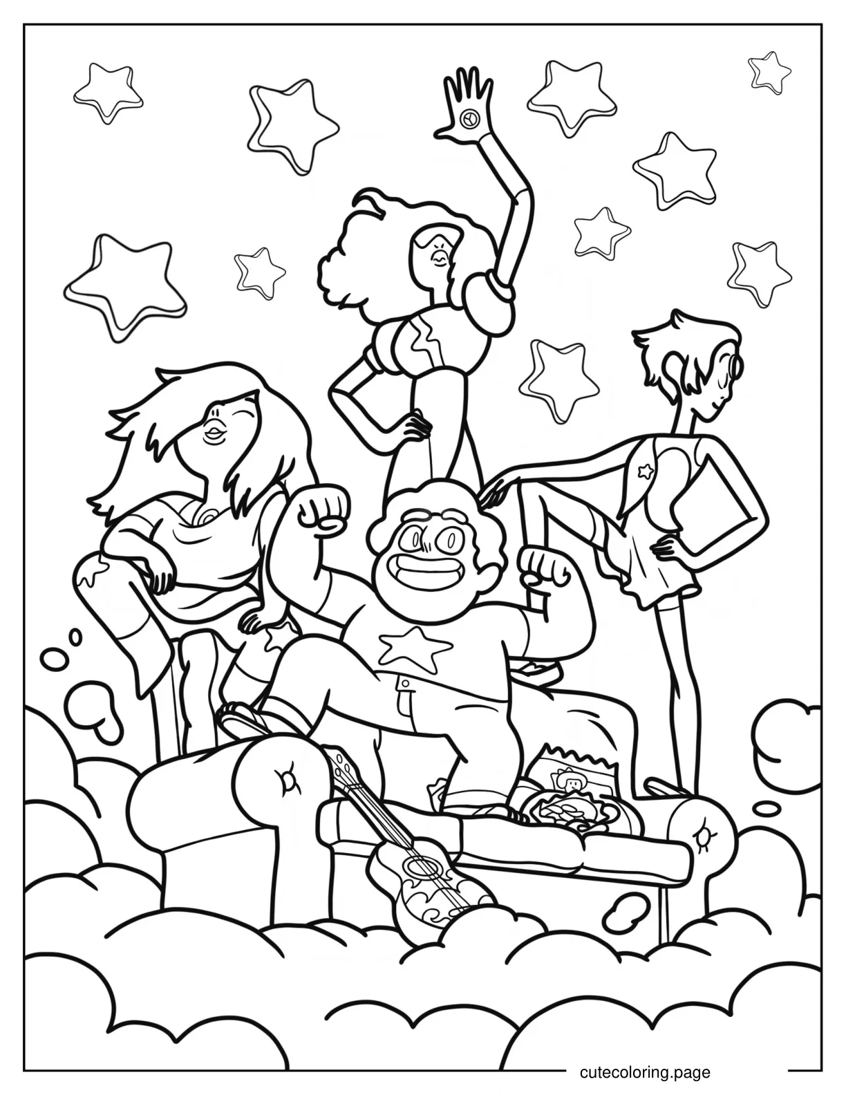 Steven Universe Posing On Couch With Amethyst Pearl And Garnet Coloring Page coloring page