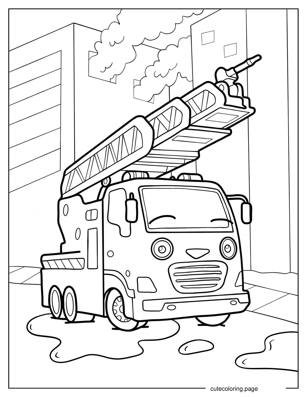 Frank The Fire Truck Next To Burning Building coloring page