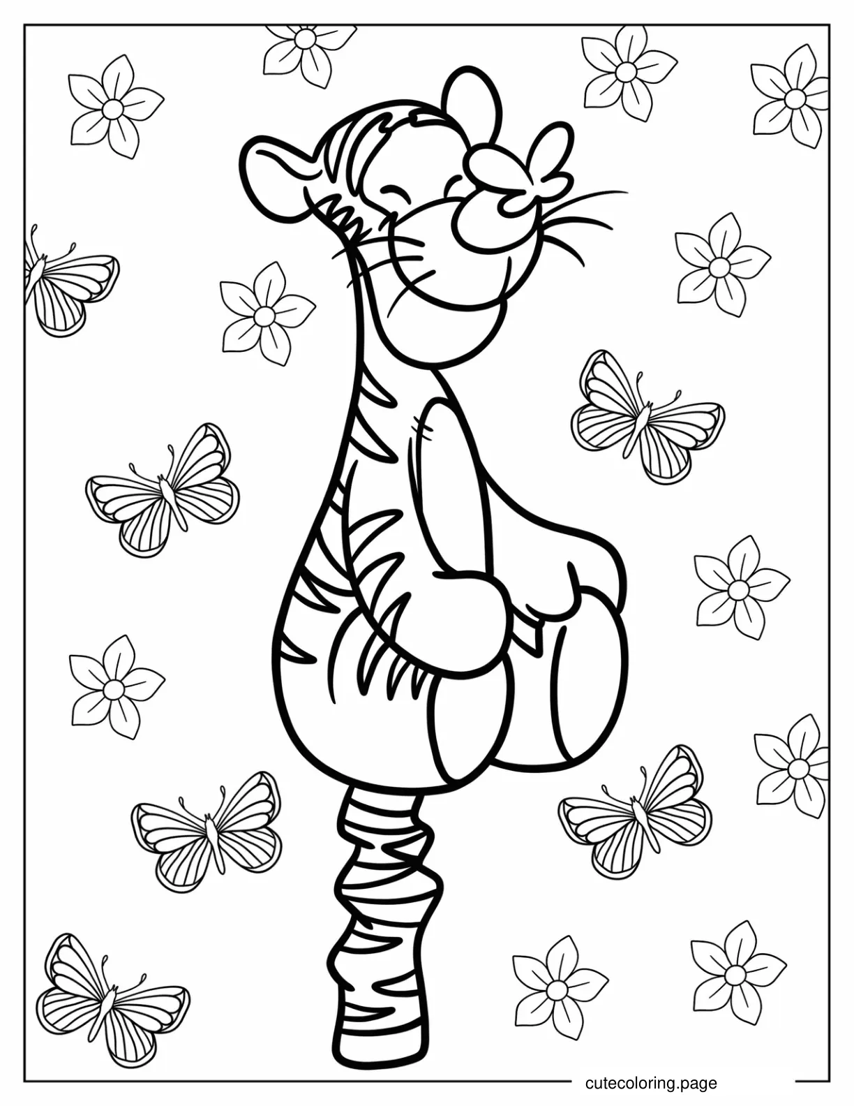 Kawaii Tigger With Butterfly On His Nose Coloring Page coloring page