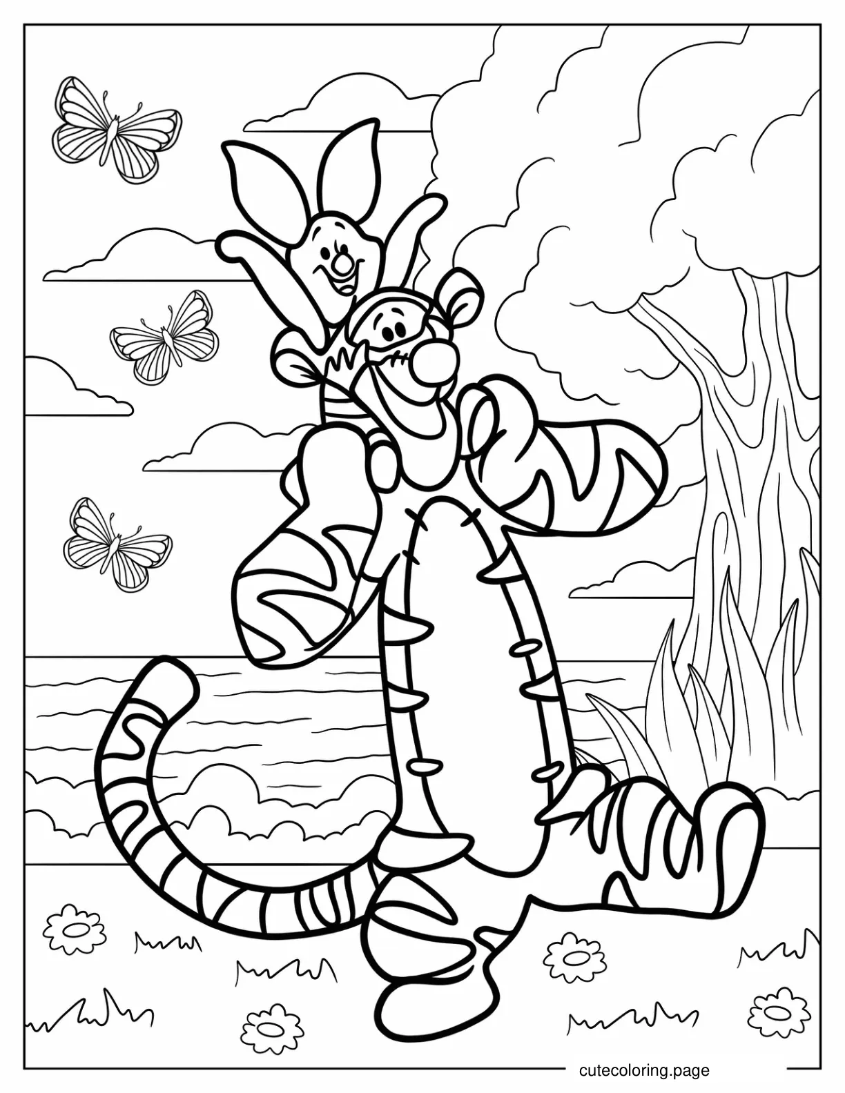 Piglet Riding On Tigger_s Shoulders Coloring Page coloring page