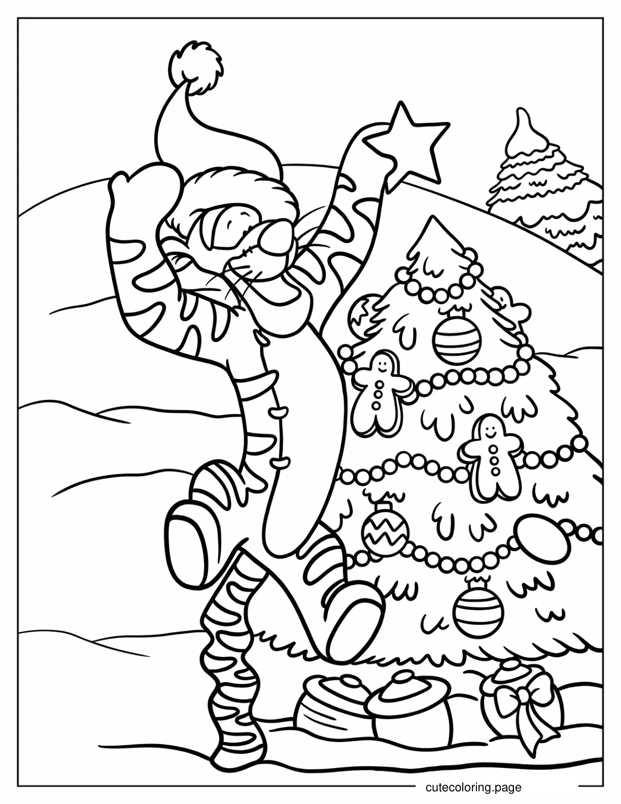 Tigger Decorating A Christmas Tree In Winter Coloring Sheet coloring page