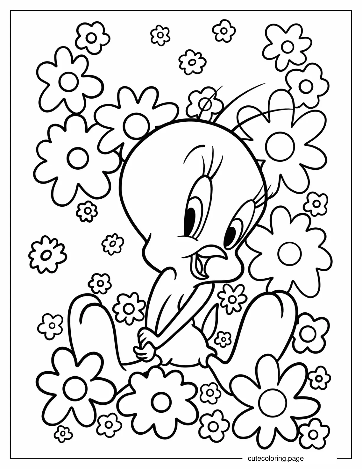 Cute Tweety Bird With Flowers Coloring Page coloring page