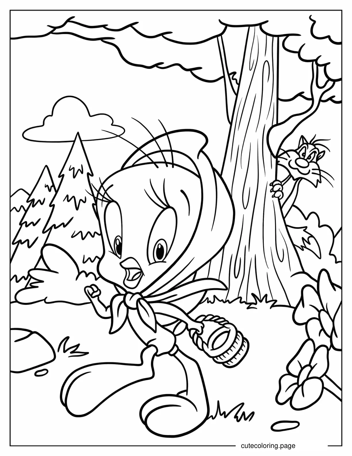 Little Red Riding Hood Tweety With Sylvester In The Background coloring page