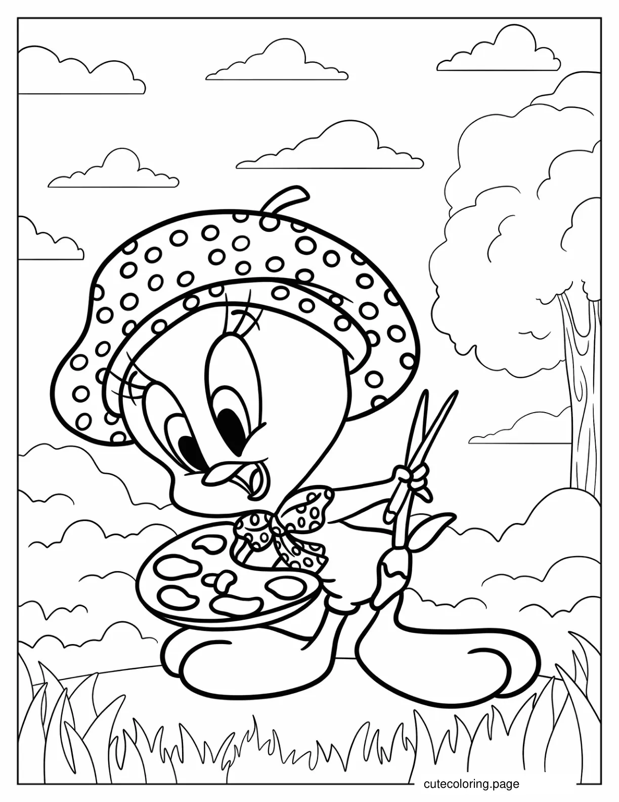 Painter Tweety Bird With Brushes And Palette Coloring Sheet coloring page