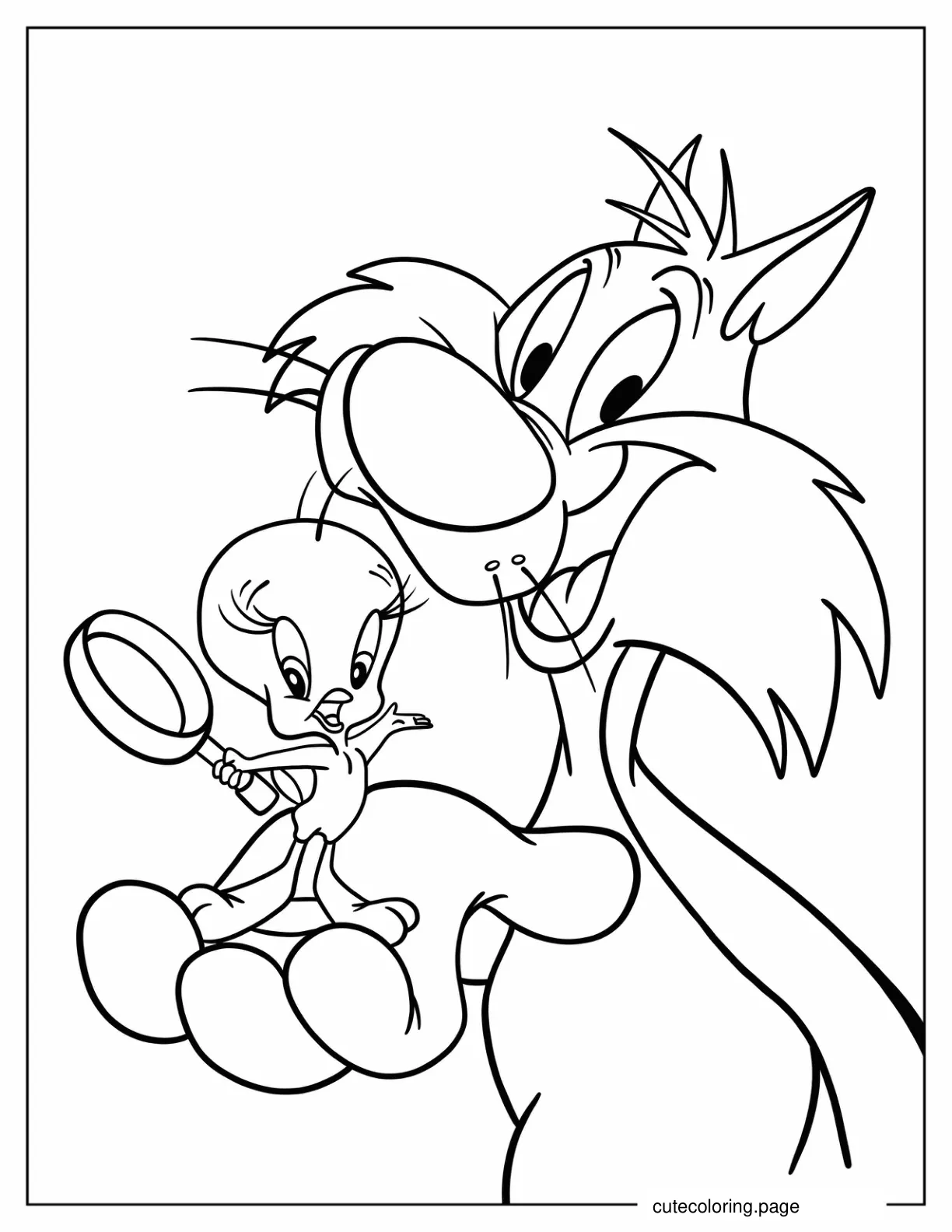 Simple Tweety Bird Holding A Magnifying Glass With Sylevester Coloring Sheet coloring page