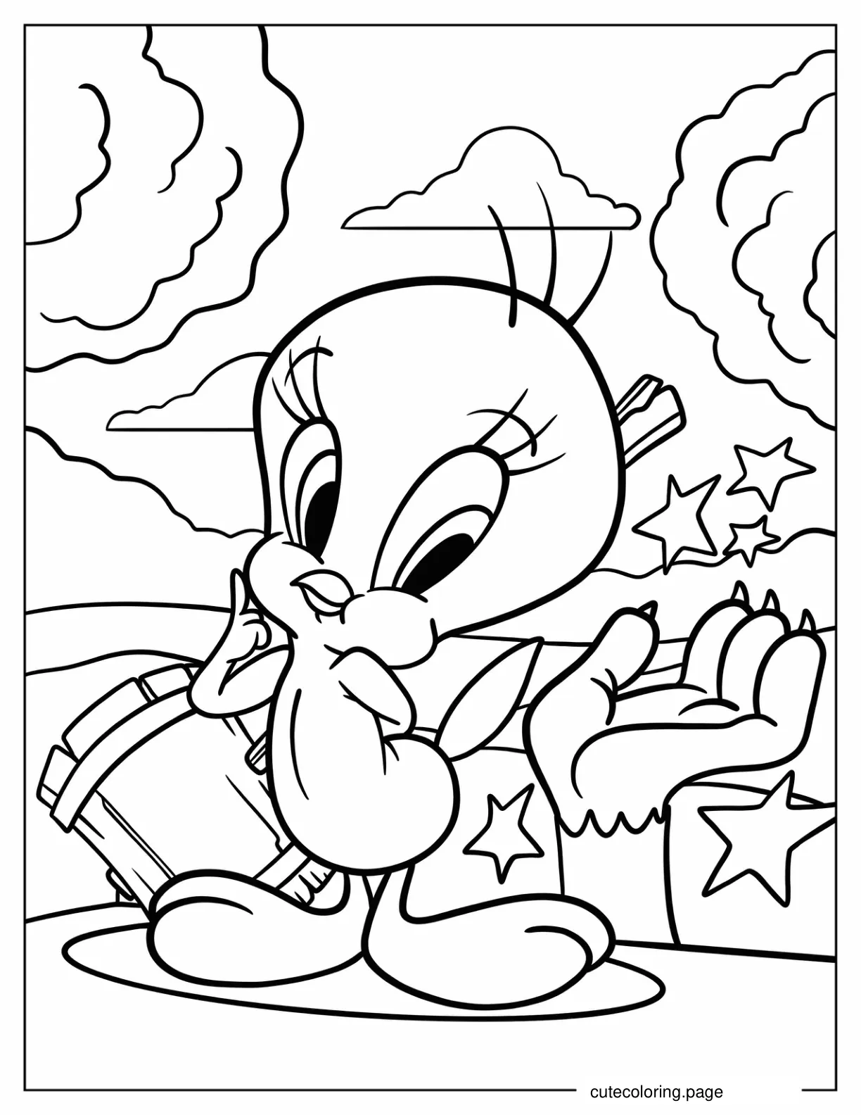 Tweety Bird Holding Hammer Next To Sylvester_s Hand coloring page