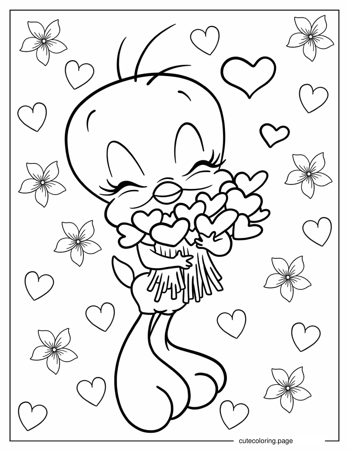 Tweety Bird Holding Hearts Coloring Sheet coloring page