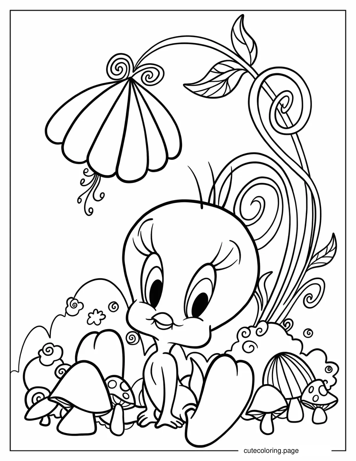 Tweety Bird Sitting Next To Mushrooms coloring page