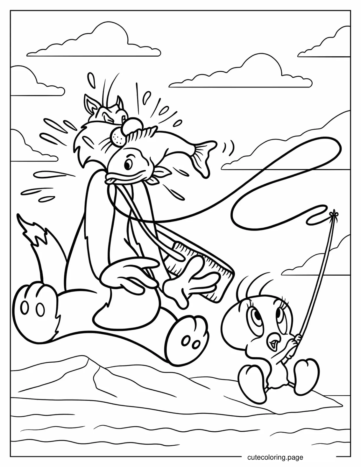 Tweety Hitting Sylvester With A Fish Coloring Sheet coloring page