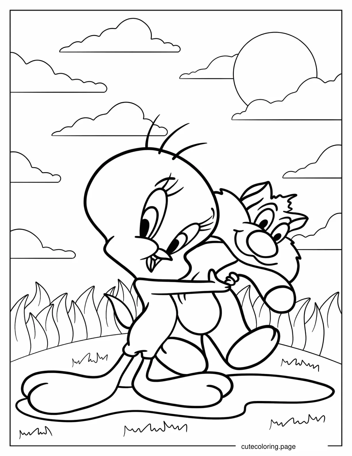 Tweety Hugging Baby Sylvester Coloring Page For Kids coloring page