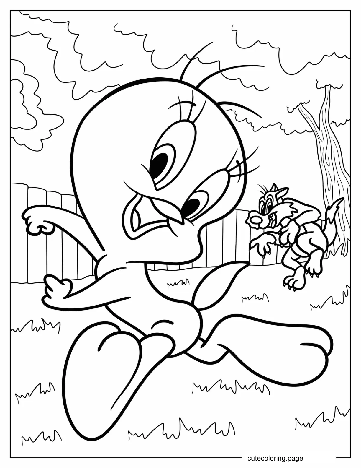 Tweety Running Away From Sylvester In The Backyard Coloring Page coloring page