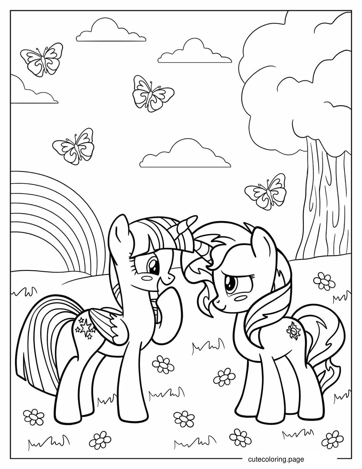 Sunset Shimmer And Twilight Sparkle In A Flower Field coloring page