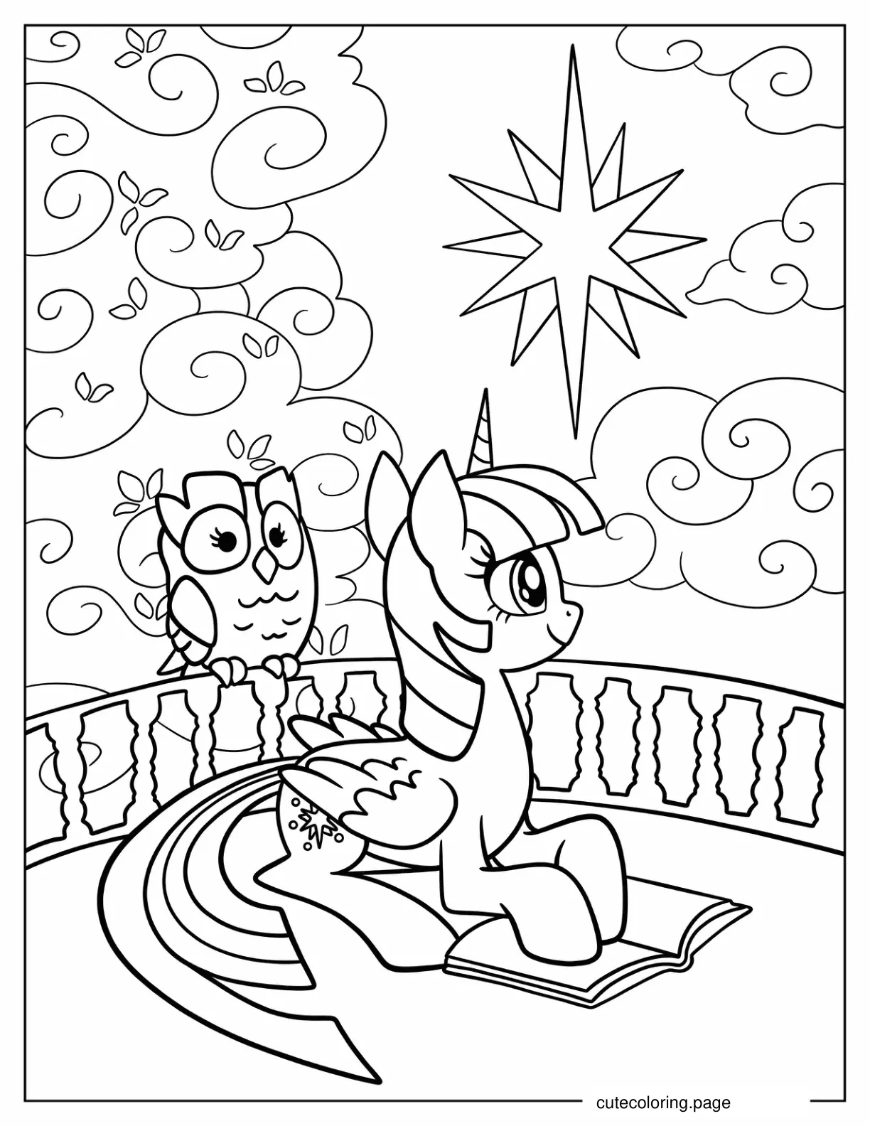 Twilight Sparkle Reading A Book On A Balcony Coloring Sheet coloring page