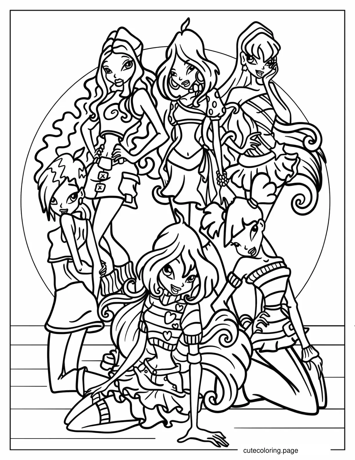 Aisha Flora Stella Tecna Bloom And Musa Coloring Sheet coloring page