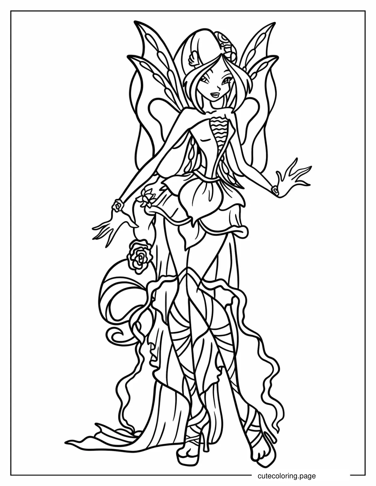 Elegant Fairy Flora Coloring Page For Kids coloring page