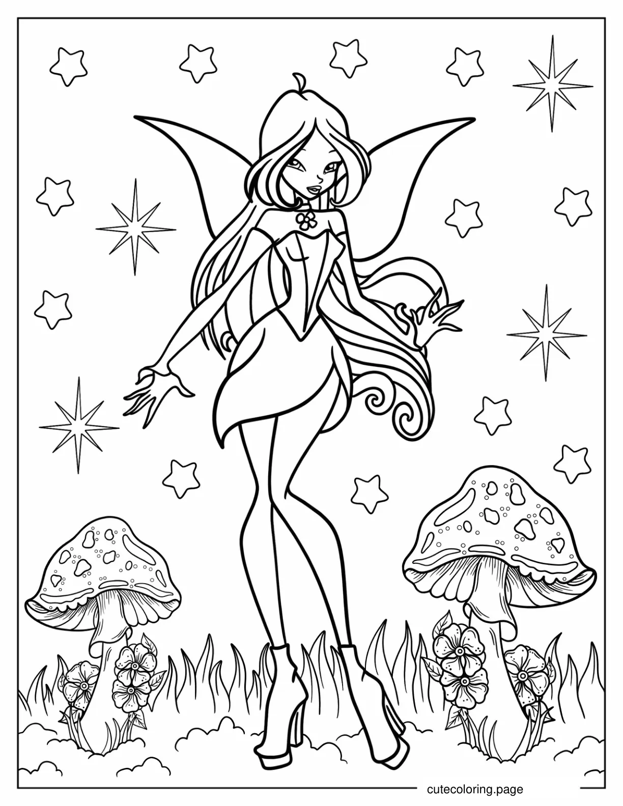 Fairy Flora With Mushrooms And Stars Coloring Page coloring page