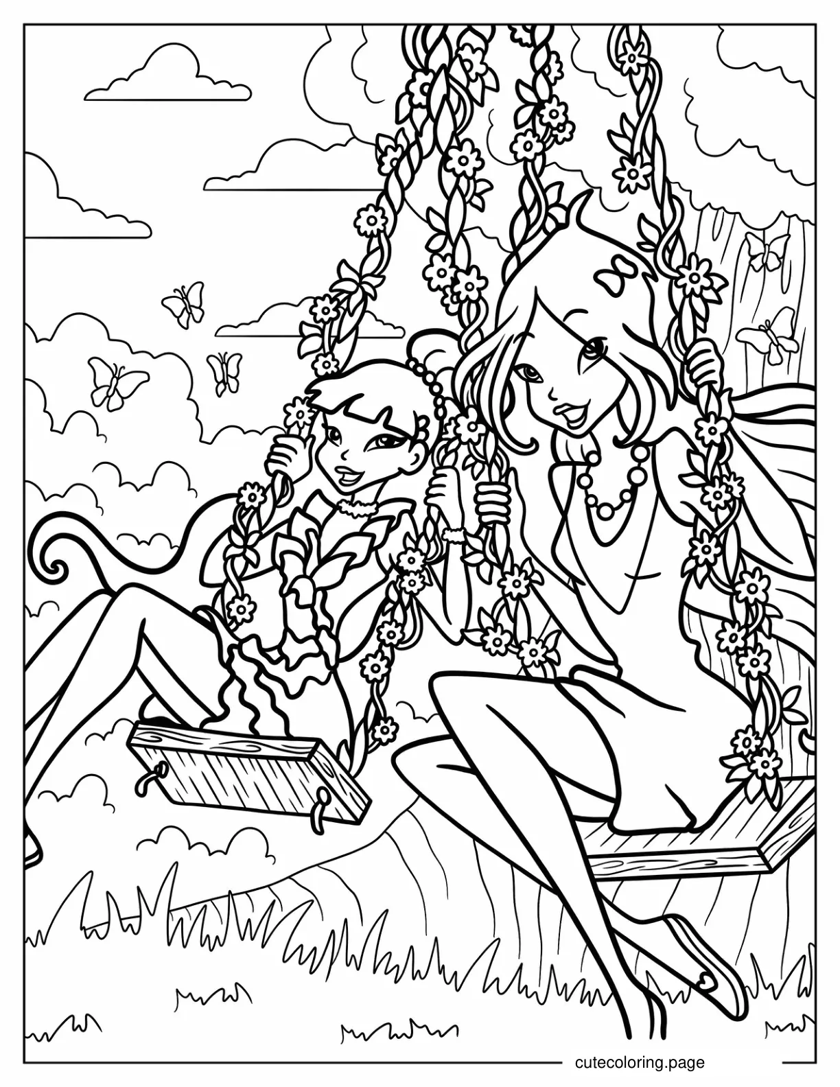 Musa And Aisha On A Swing With Flowers Coloring Page coloring page