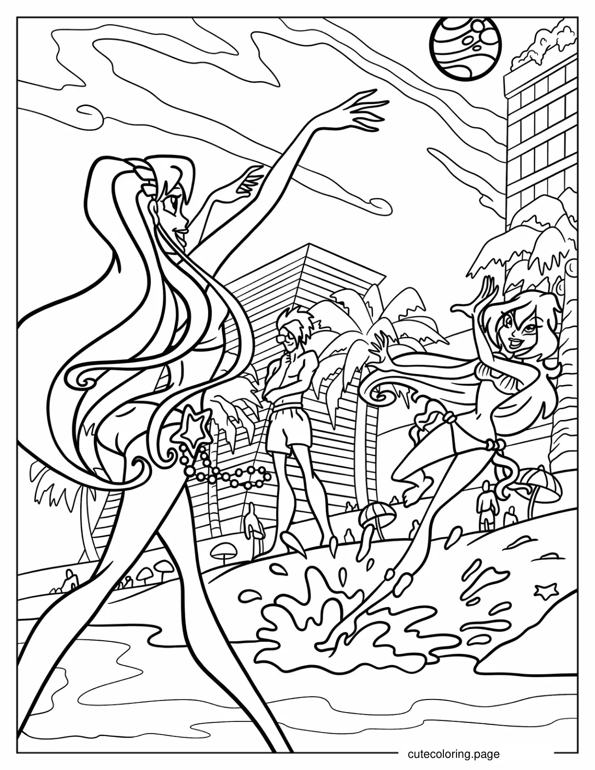 Stella And Bloom Playing Beach Volleyball Coloring Page coloring page