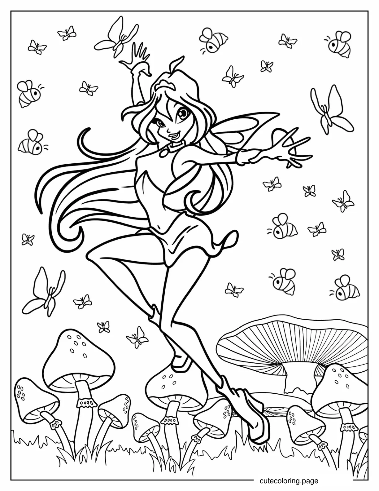 Winx Club Bloom In Mushroom Garden With Butterflies coloring page