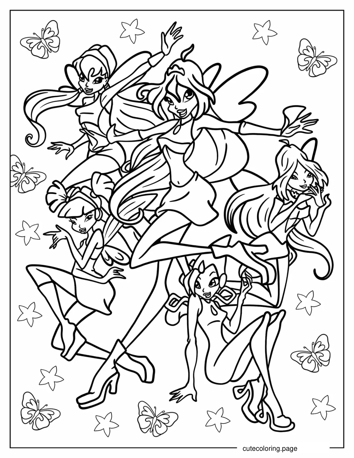 Winx Club Bloom Stella Musa Flora And Tecna Coloring Page coloring page